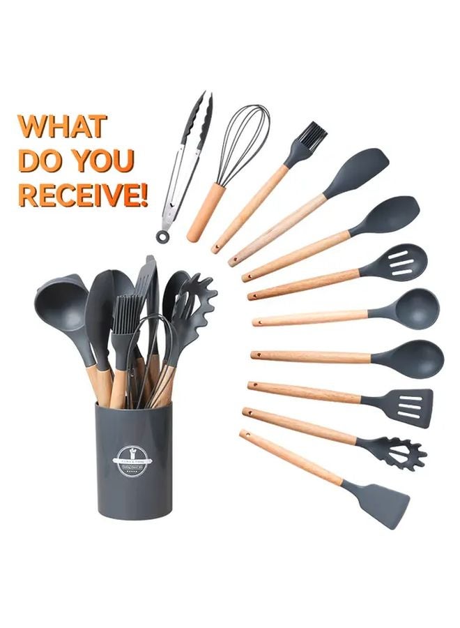 Black Silicone Kitchen Utensil Set With Wooden Grips Heat Resistant Dishwasher Safe - Image 2